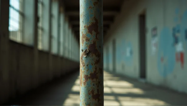 Rusted Metal Post In Gritty Concrete Corridor