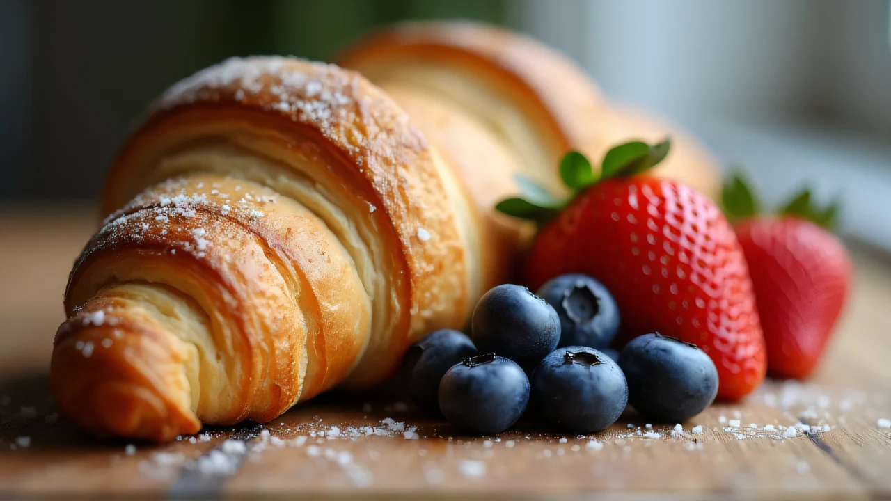 A close-up of rustic bread and a flaky croissant beside ripe strawberries and blueberries on a wooden table.