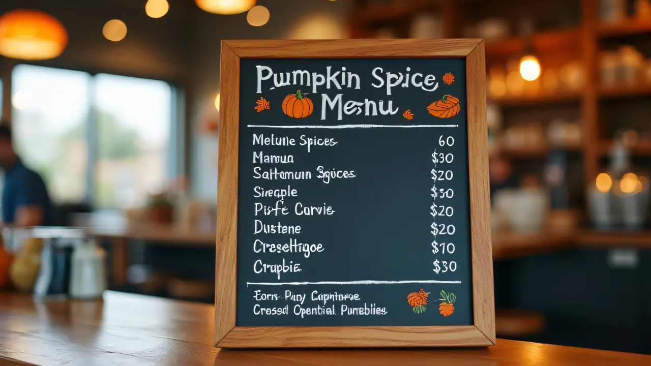 Close-up of a hand-lettered pumpkin spice menu in a rustic café.