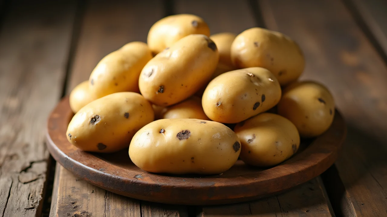 Close-up of a rustic assortment of potatoes on a wooden table.