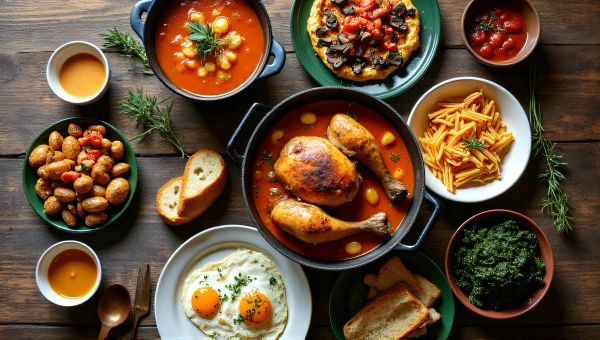 Rustic Still-Life Cooked Foods Overhead View