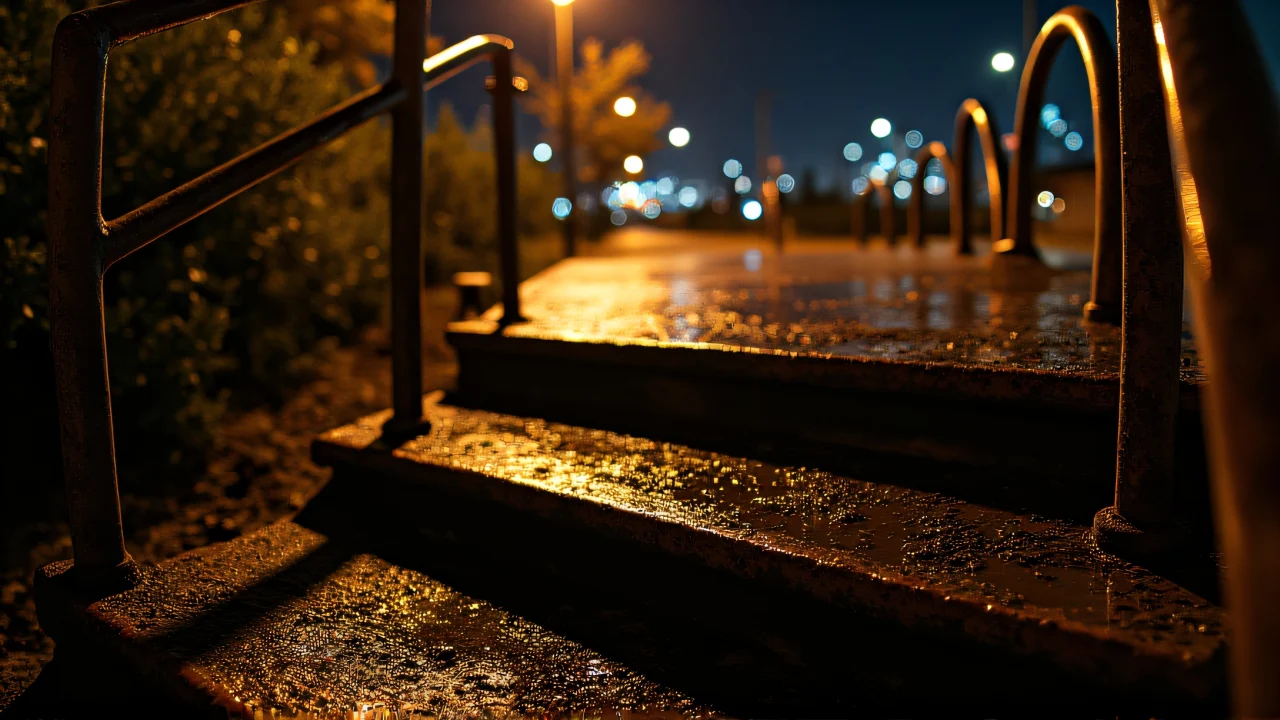 Low-angle view of rusty metal stairs reflecting streetlights at night with city lights in the background.