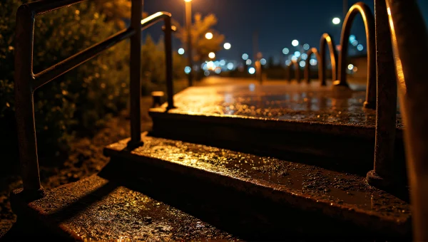 Rusty Metal Stairs Reflection Night City Lights