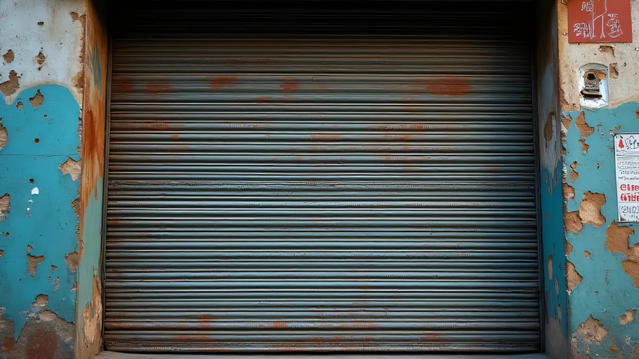 A low-angle view of a rusty roll-up door in an urban alley.