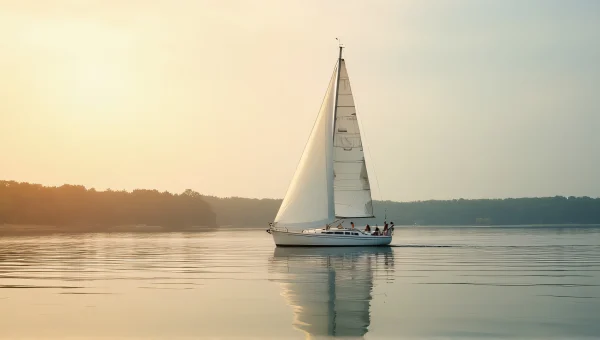 Sailboat On Calm Lake During Golden Hour
