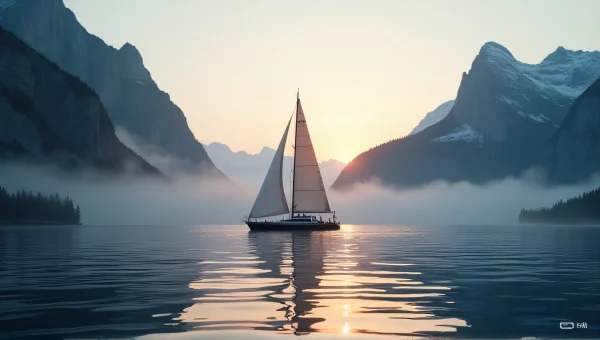 Sailboat Near Mountain Peaks at Dawn