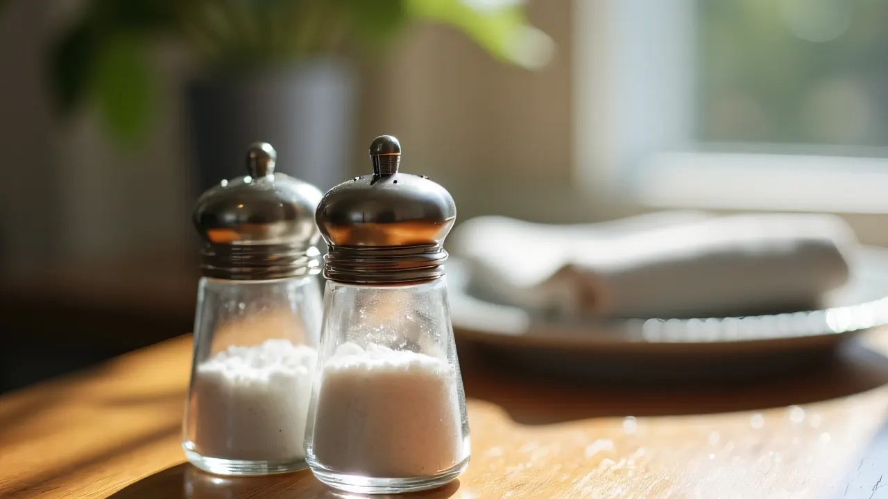 Close-up of salt and pepper shakers on a wooden table with soft shadows.