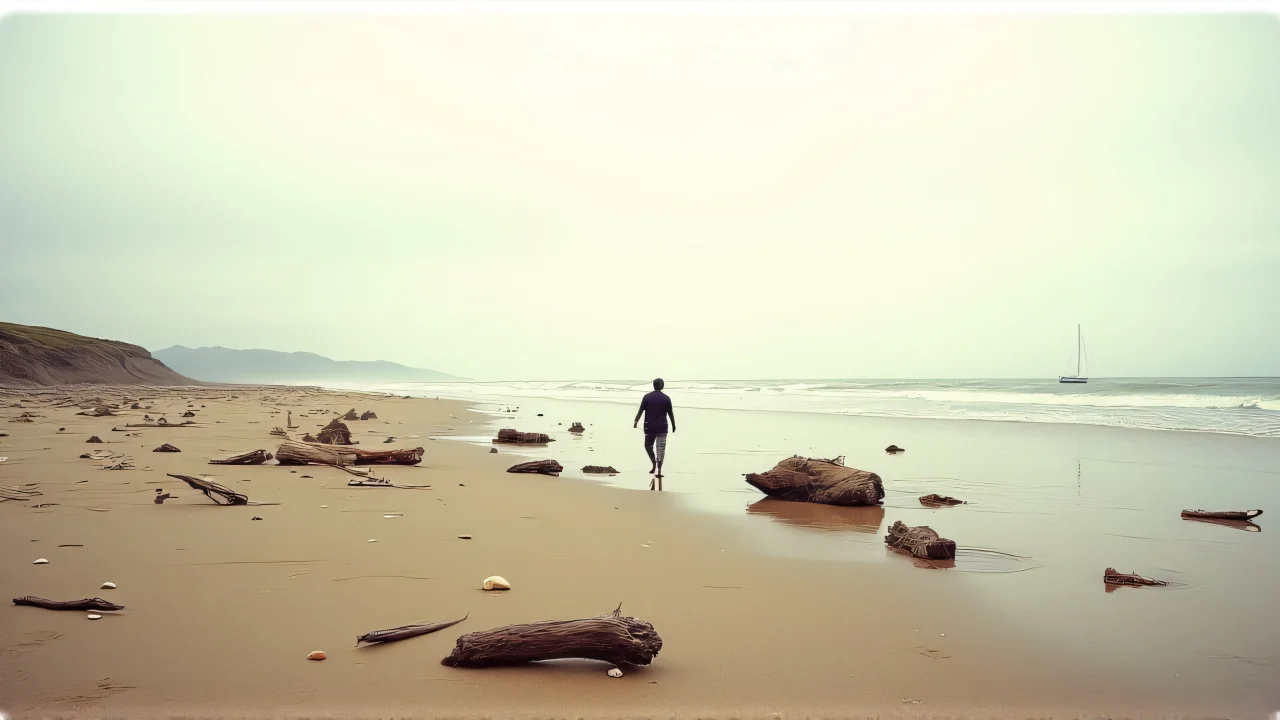 A solitary figure walks along a sandy beach at low tide with driftwood and seashells scattered in the foreground.