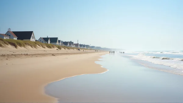 Sandy Shoreline With Coastal Buildings And Walkers