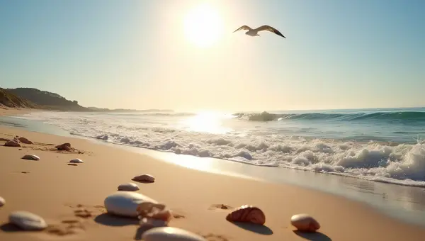 Sandy Shoreline With Seashells And Seagull