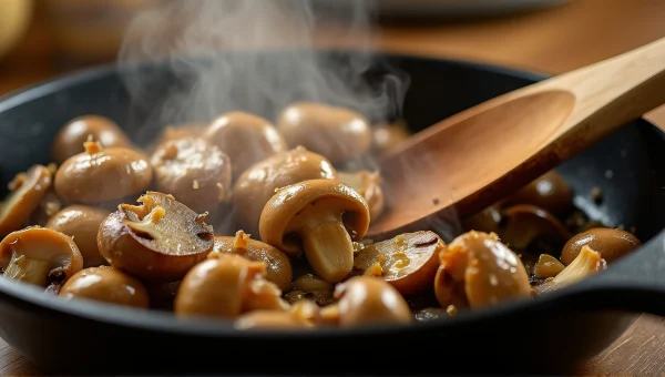 Sautéed Mushrooms And Garlic In Iron Skillet