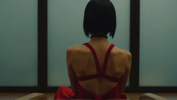 Scarlet Fashion Ensemble Near Glass Pane