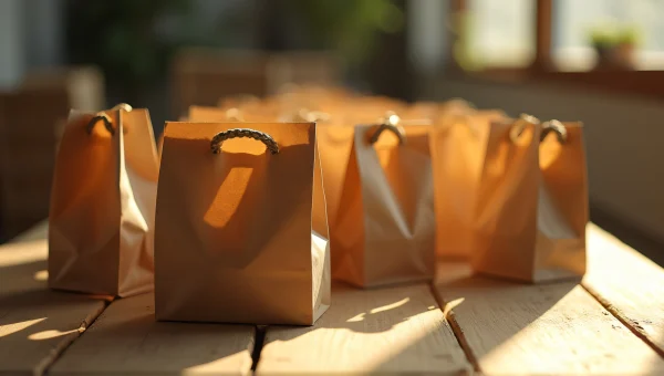 Scattered Paper Bags on Sunlit Wooden Table