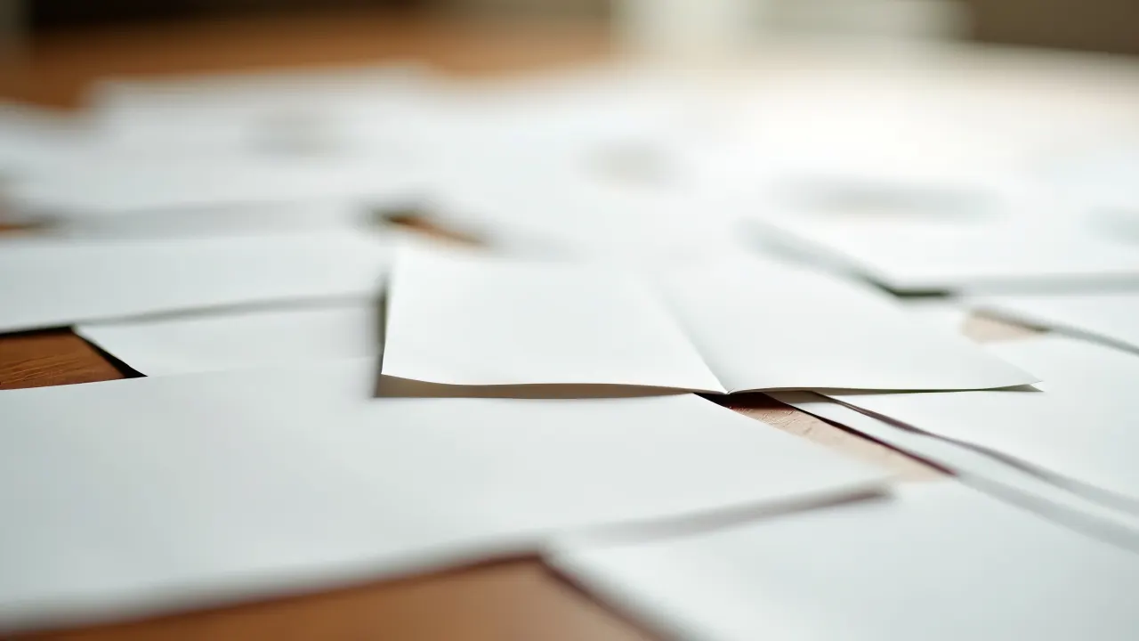 Close-up of scattered white book pages on a wooden surface illuminated by soft light.