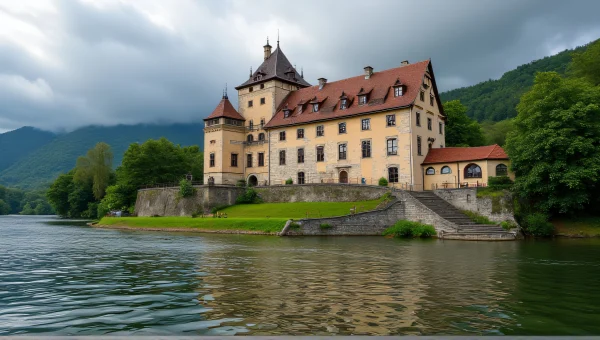 Schloss Drachenburg Castle View From Rhine Riverbank