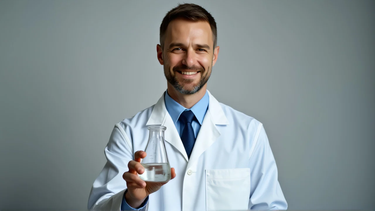 Portrait of a scientist showcasing a laboratory flask at chest level.