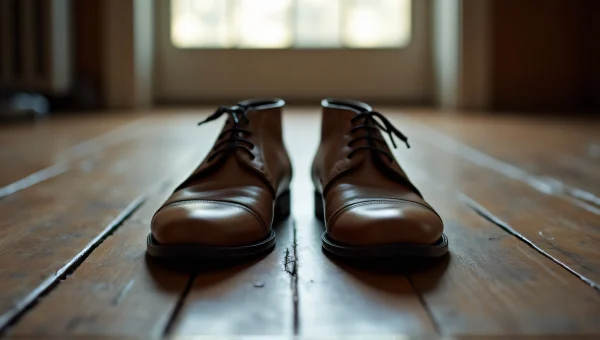 Scuffed Brown Leather Shoes On Wooden Floor