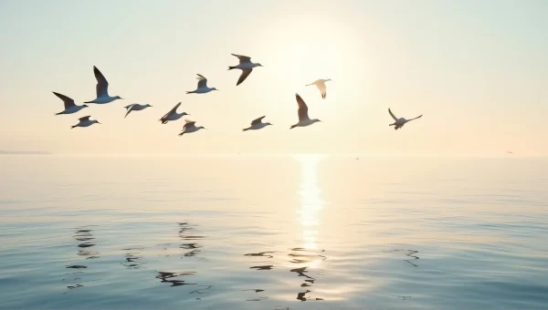 Seabirds Gliding Over Calm Ocean At Sunset