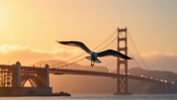 Seagull Flying Near Golden Gate Bridge at Sunset