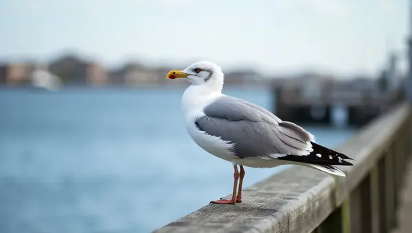 Seagull Perched on Weathered Dock Railing