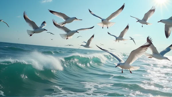 Seagulls Flocking Over Choppy Ocean Waves