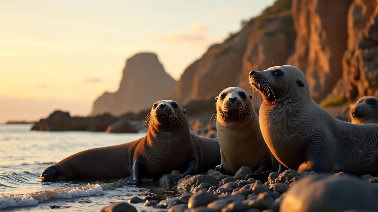 A group of seals lounging by the rocky shoreline with calm water during golden hour.