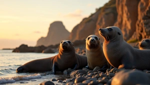 Seals Relaxing By Rocky Shoreline At Golden Hour