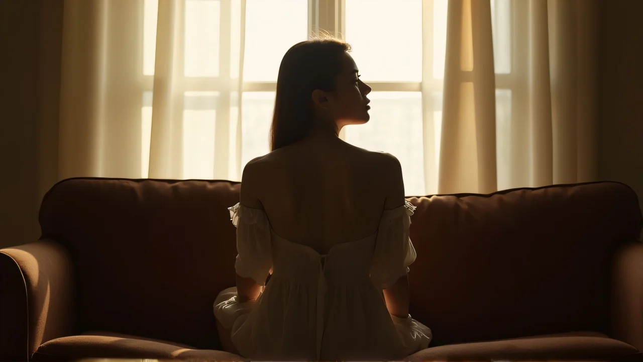 A seated female figure by a sunlit window on a cozy couch.