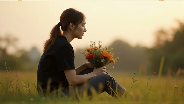Seated Figure Cradling Bouquet in Meadow