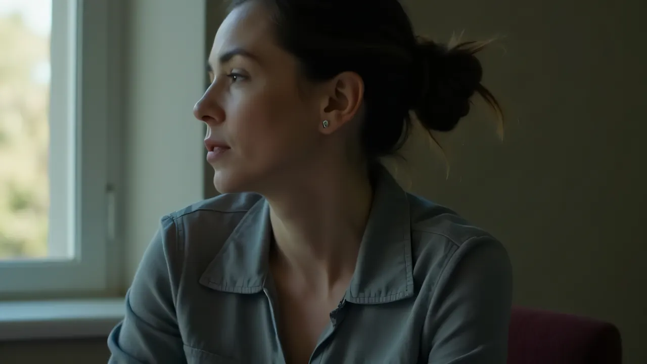 A seated figure in a grey blouse, illuminated by soft window light.