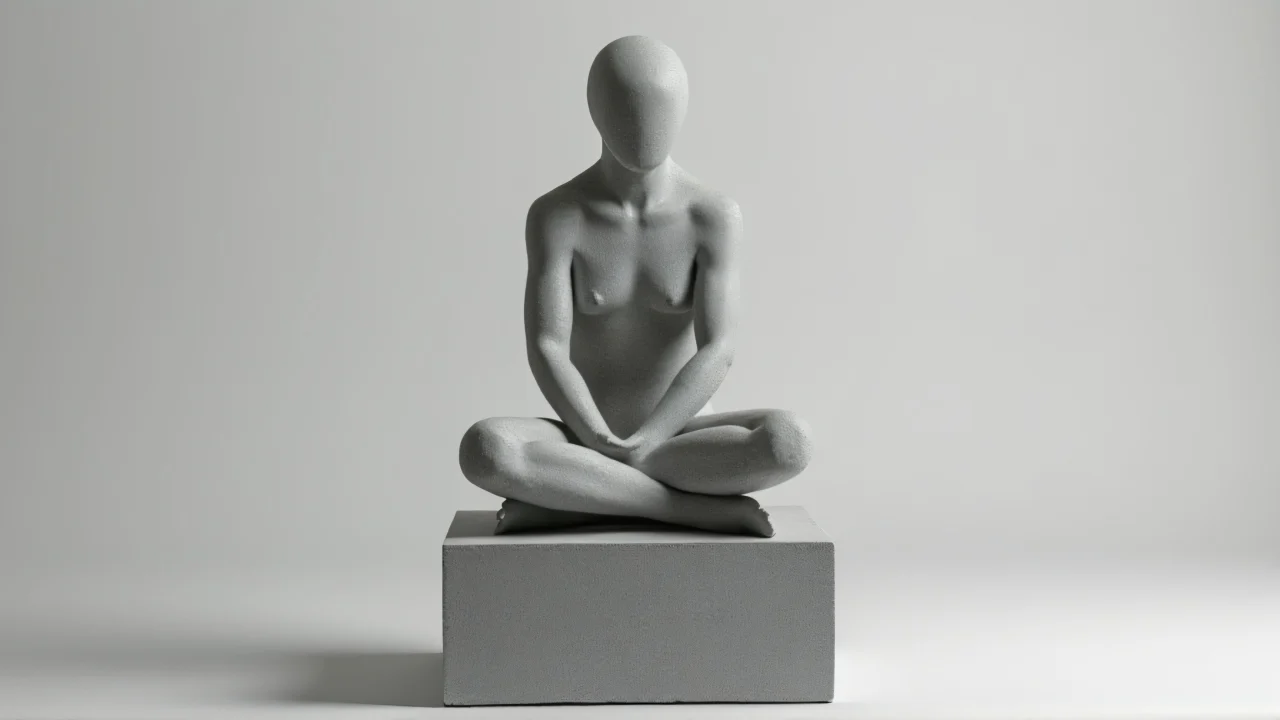 Gray concrete statue of a seated human figure on pedestal.