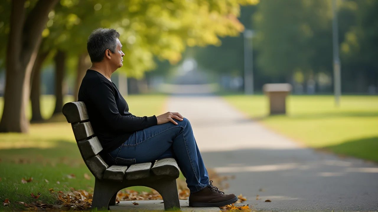 A person sitting on a wooden bench in a peaceful park setting during the afternoon.