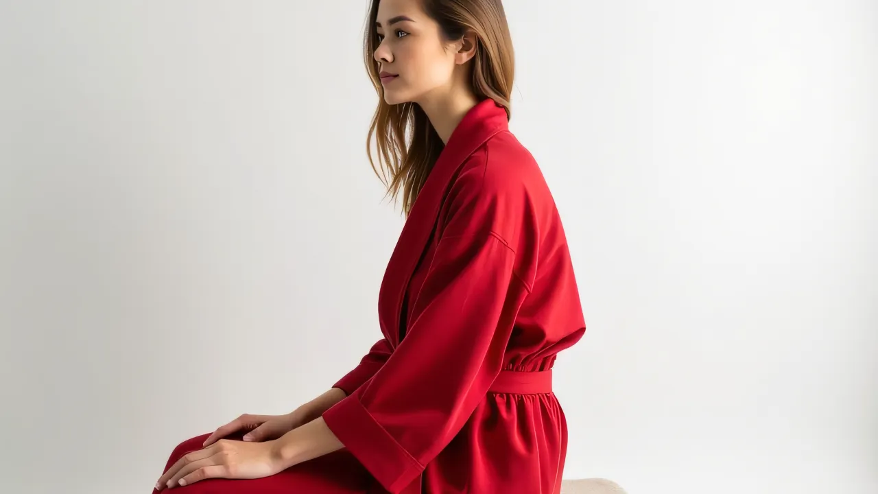 Side profile of a woman in a red robe sitting calmly with hands on lap.