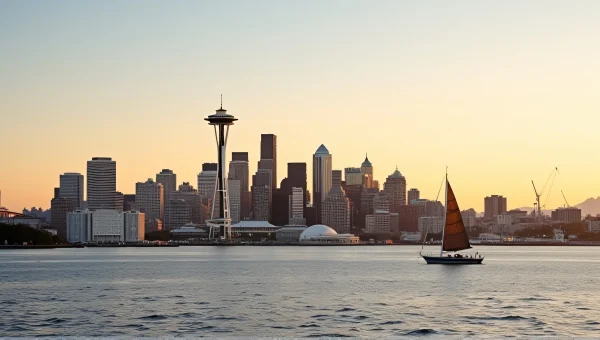 Seattle Skyline Golden Hour Reflection Sailboat
