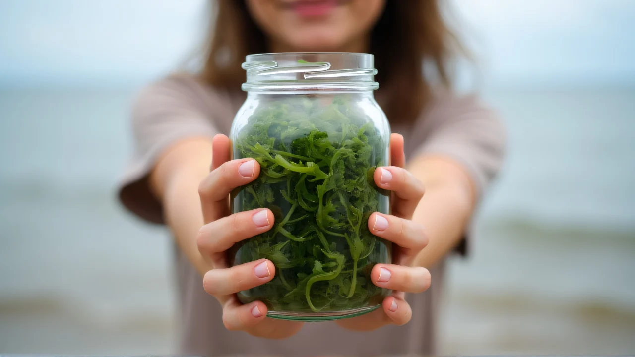 Close-up of a person holding a glass jar filled with green seaweed in soft light.