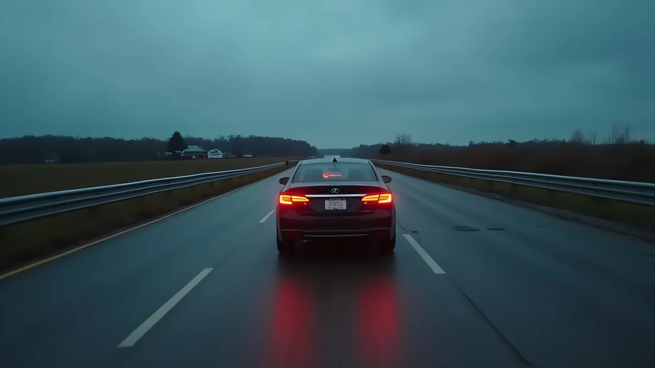 A sedan drives along a rural highway at dusk with motion blur and reflections on wet asphalt.
