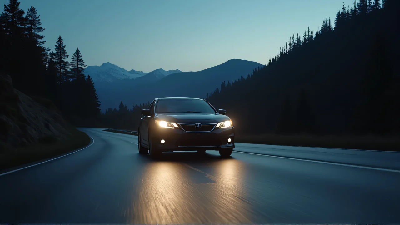 A lone sedan navigates a winding mountain road at dusk with reflections on wet asphalt.