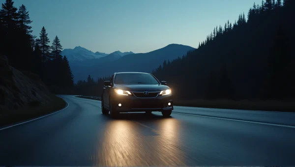 Sedan Driving Winding Mountain Road at Dusk