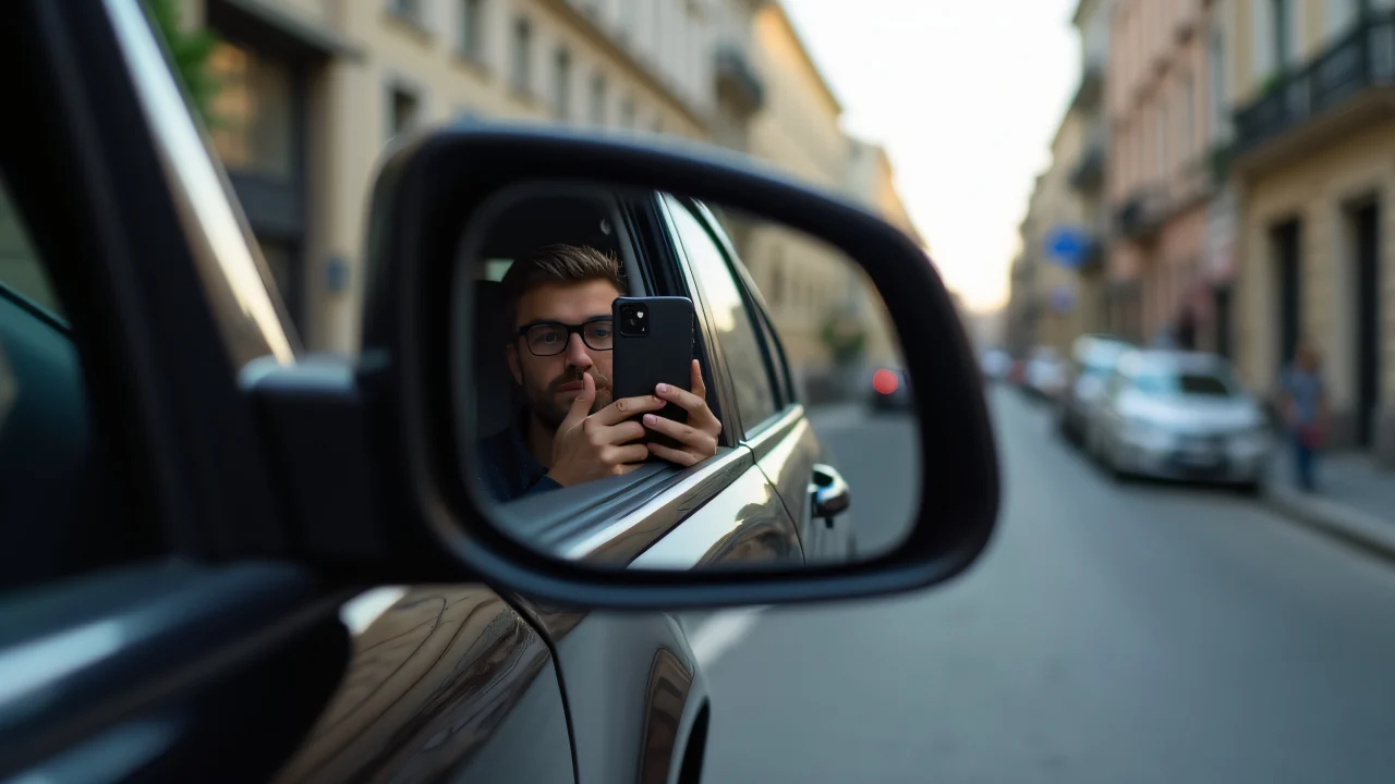 A photographer captures their reflection in a car mirror using a smartphone in an urban setting.