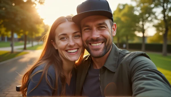 Selfie Moment Man Woman Park Golden Hour