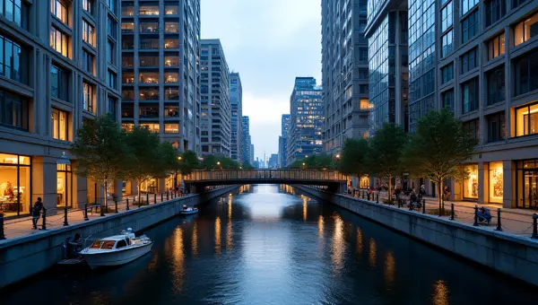 Serene Canal Between Urban High-Rises at Dusk