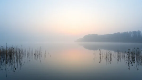 Serene Lake Reflection at Dawn with Misty Reeds