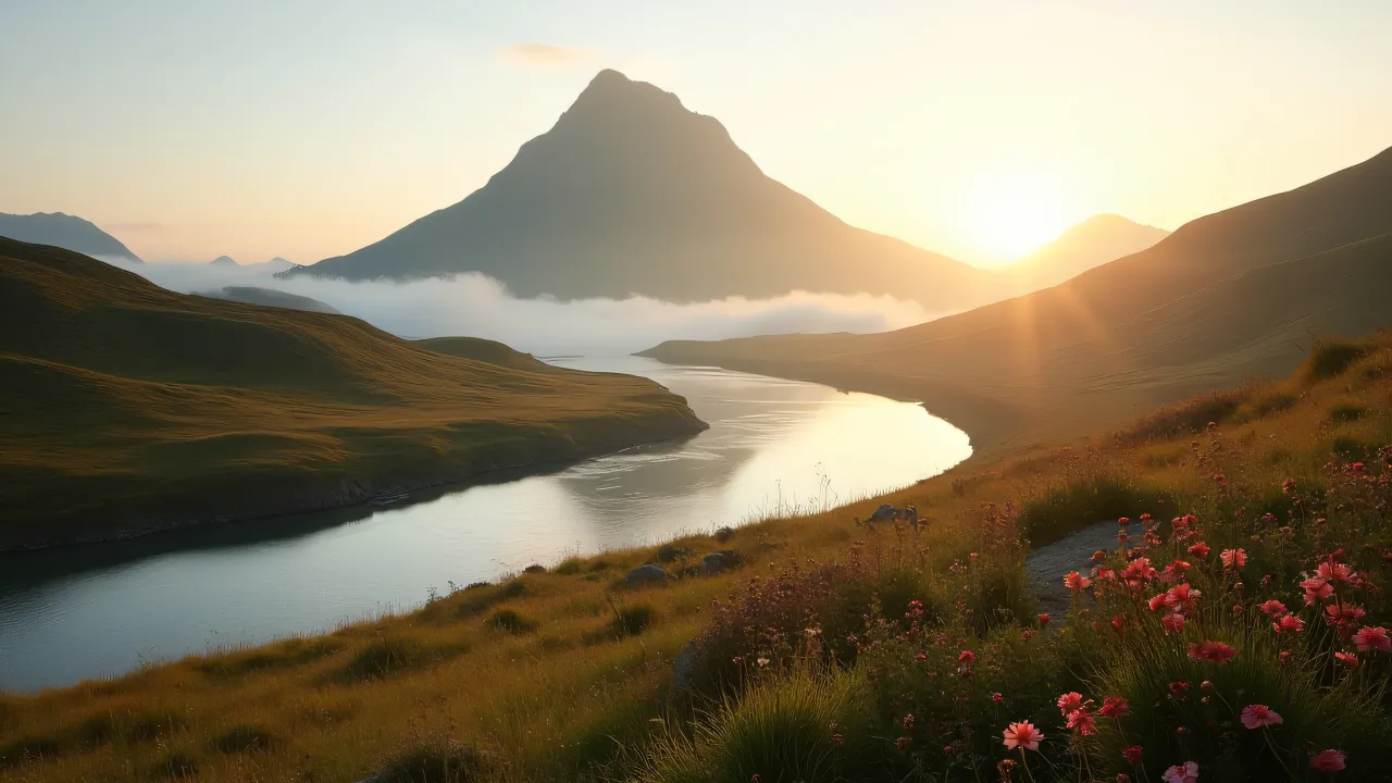 A winding river flows between grassy hills, with wildflowers in the foreground and a misty mountain in the background.