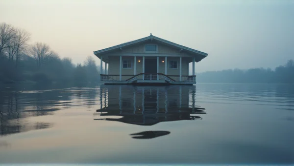 Serene Riverside Structure Reflection At Dusk