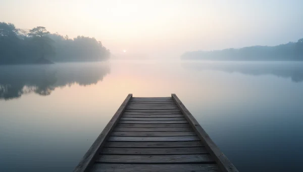 Serene Wooden Dock Over Misty Lake at Dawn