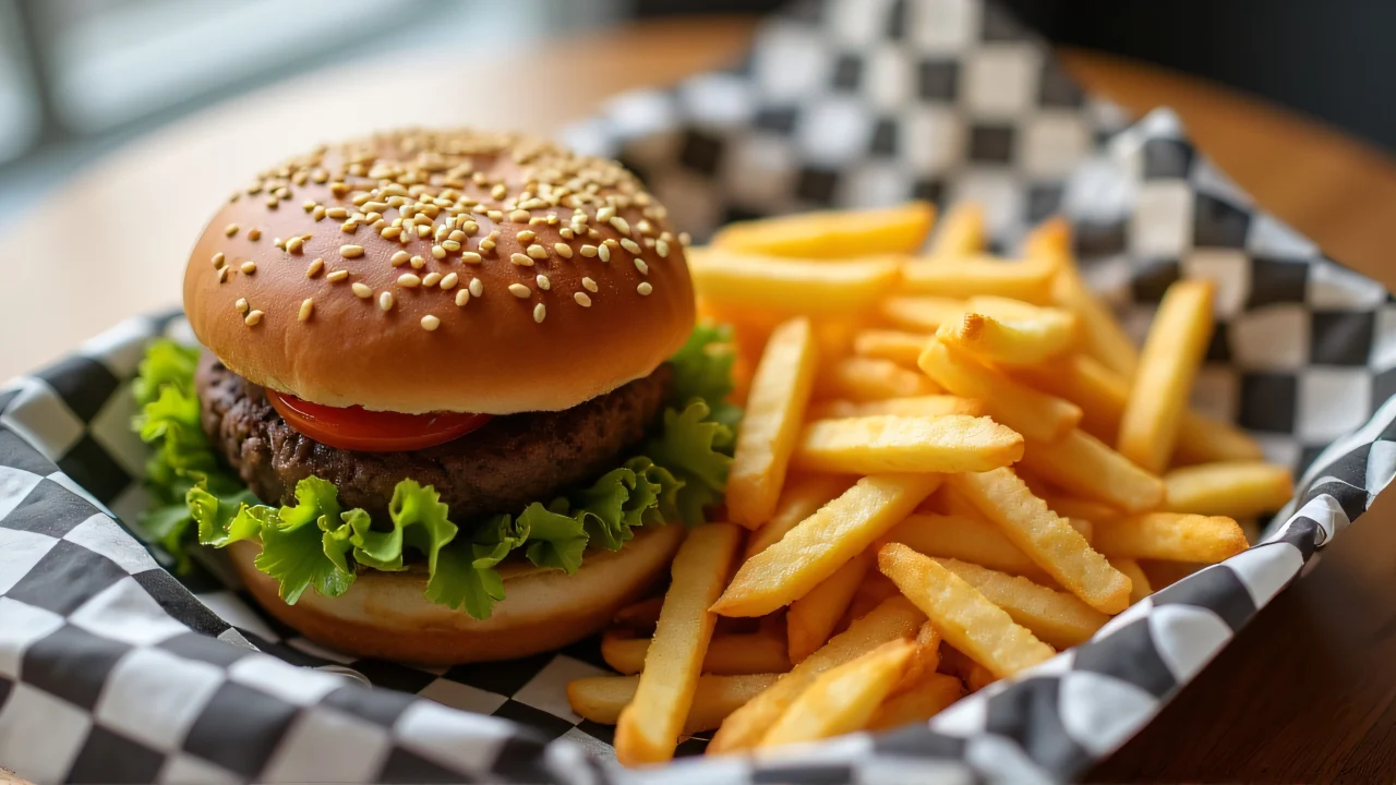 Close-up of a sesame-seed hamburger and crinkle-cut fries on a tray.