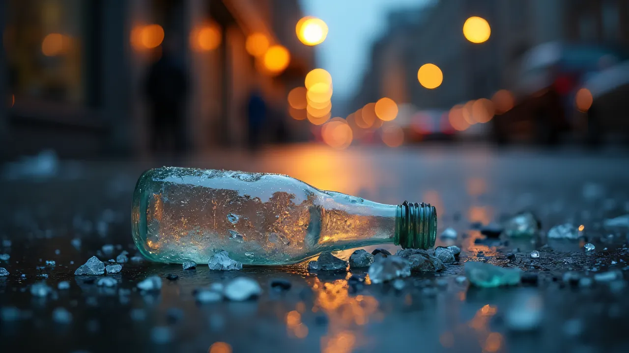 Close-up view of a shattered glass bottle on a wet sidewalk, reflecting streetlamp lights.