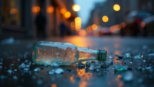 Shattered Glass Bottle Reflections at Dusk