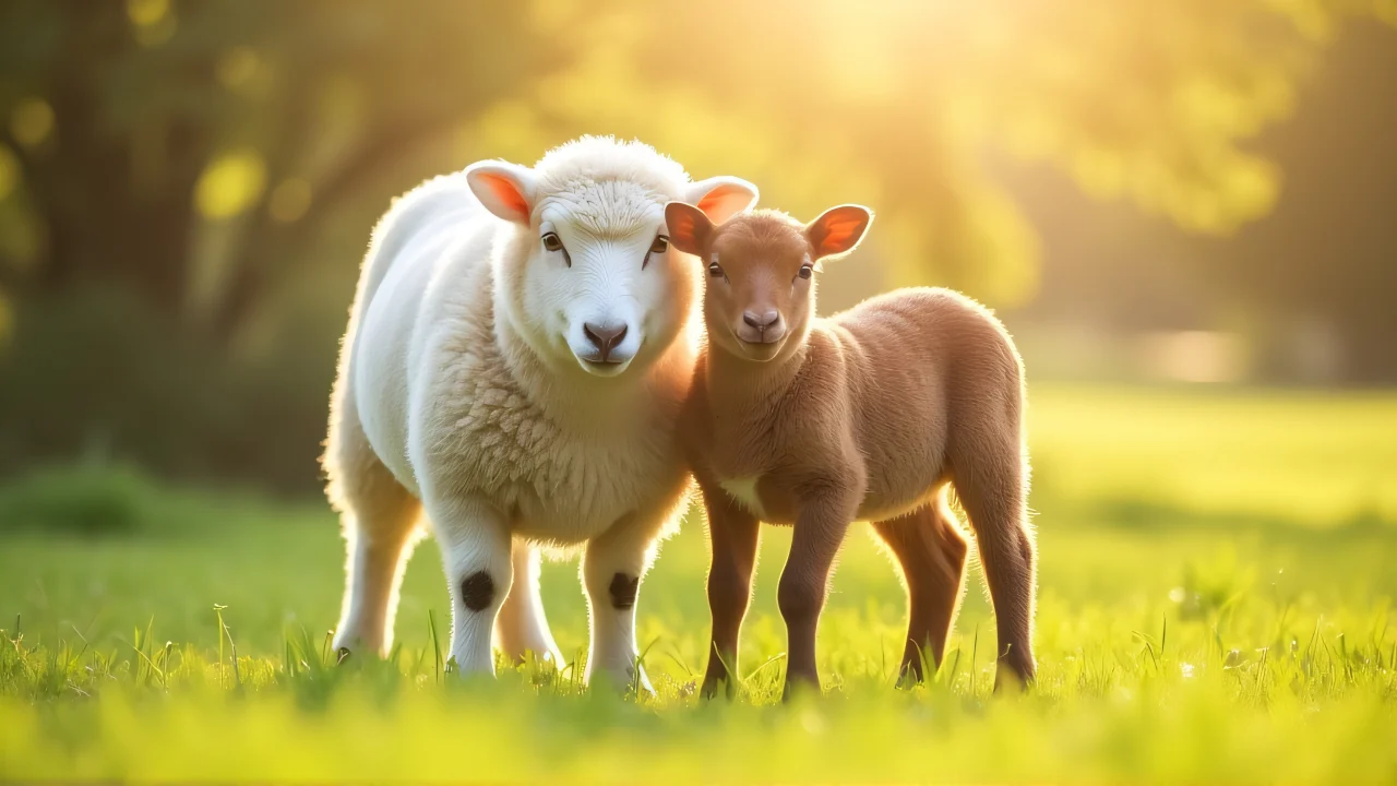 A white sheep and brown lamb standing on a bright green lawn bathed in sunlight.