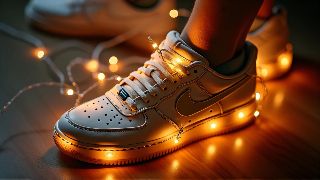 Close-up of a shoe adorned with glowing string lights and soft bokeh.